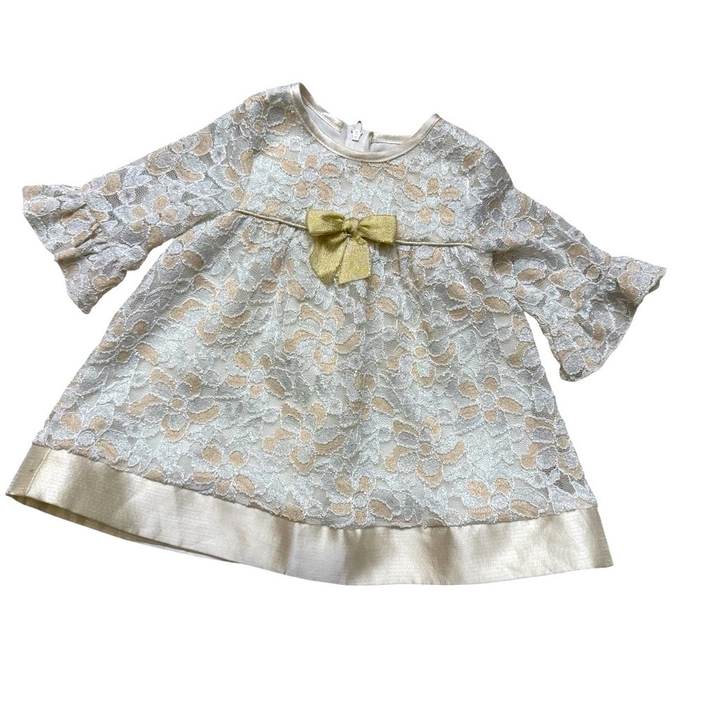 Bonnie Baby Ivory Golden Lace Baby Girl Holiday Dress 6-9M